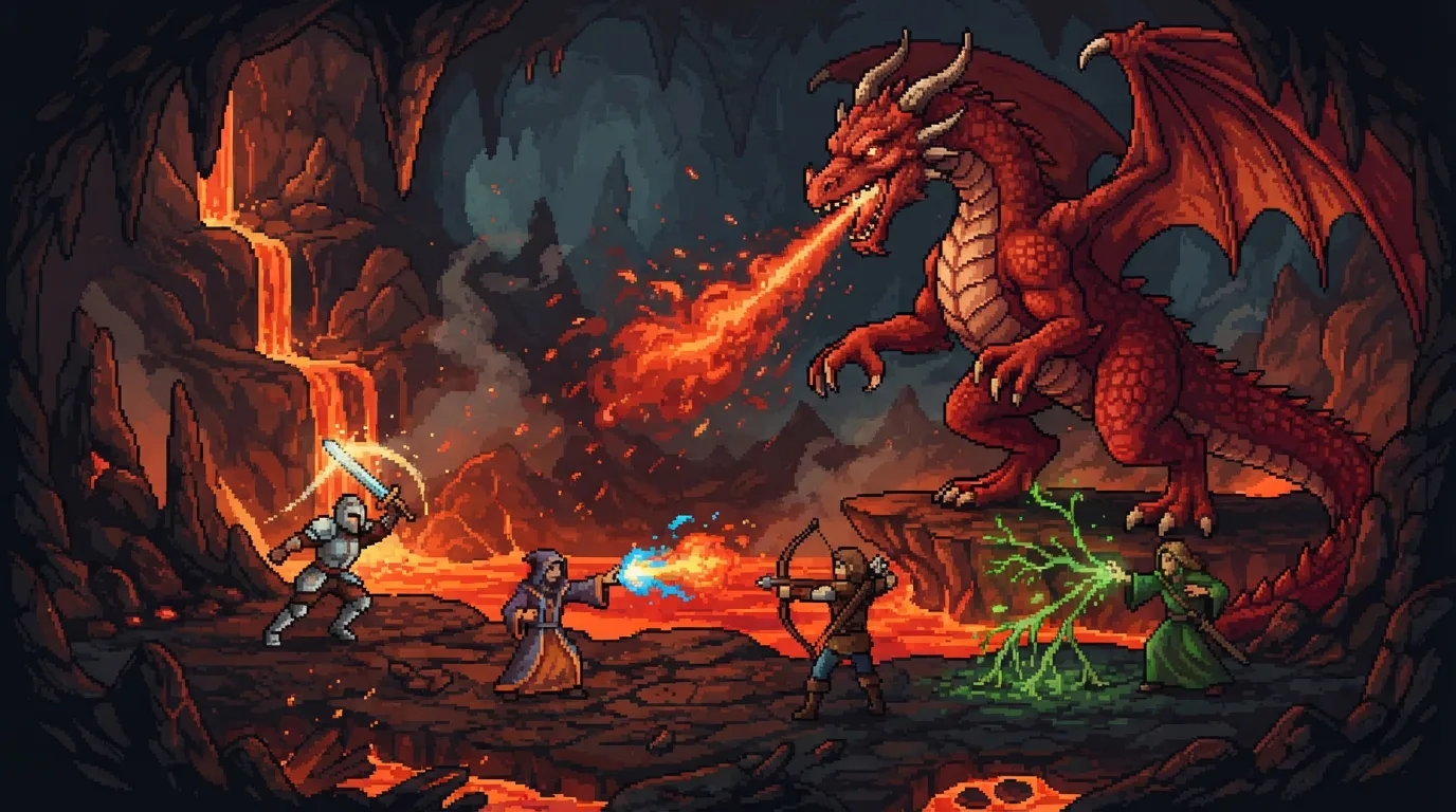 Grupo de aventureiros enfrentando um dragão em uma caverna de lava